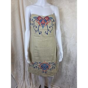 Banana Republic Strapless Embroidered Linen Dress Tan Floral Size 8 Boho Sheath